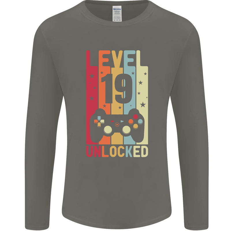 19th Birthday 19 Year Old Level Up Gamming Mens Long Sleeve T-Shirt Charcoal
