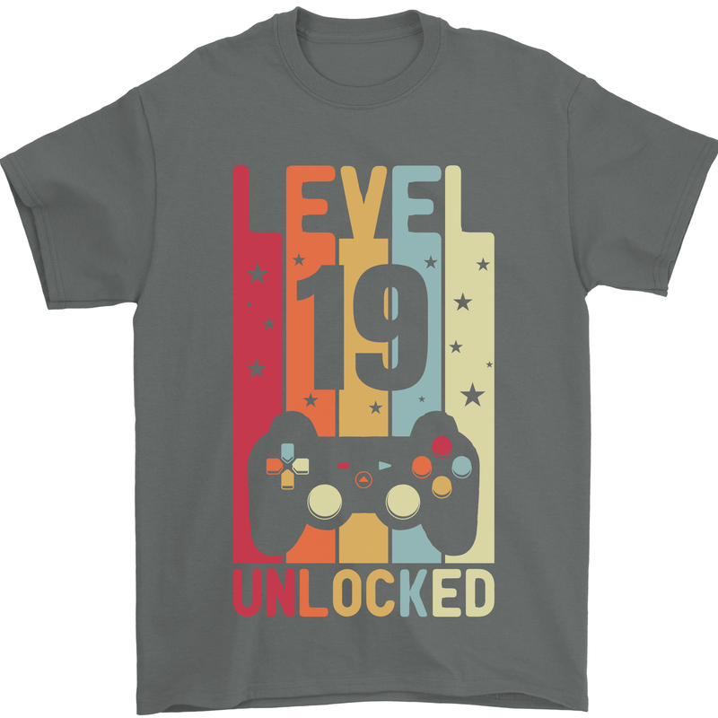 19th Birthday 19 Year Old Level Up Gamming Mens T-Shirt 100% Cotton Charcoal