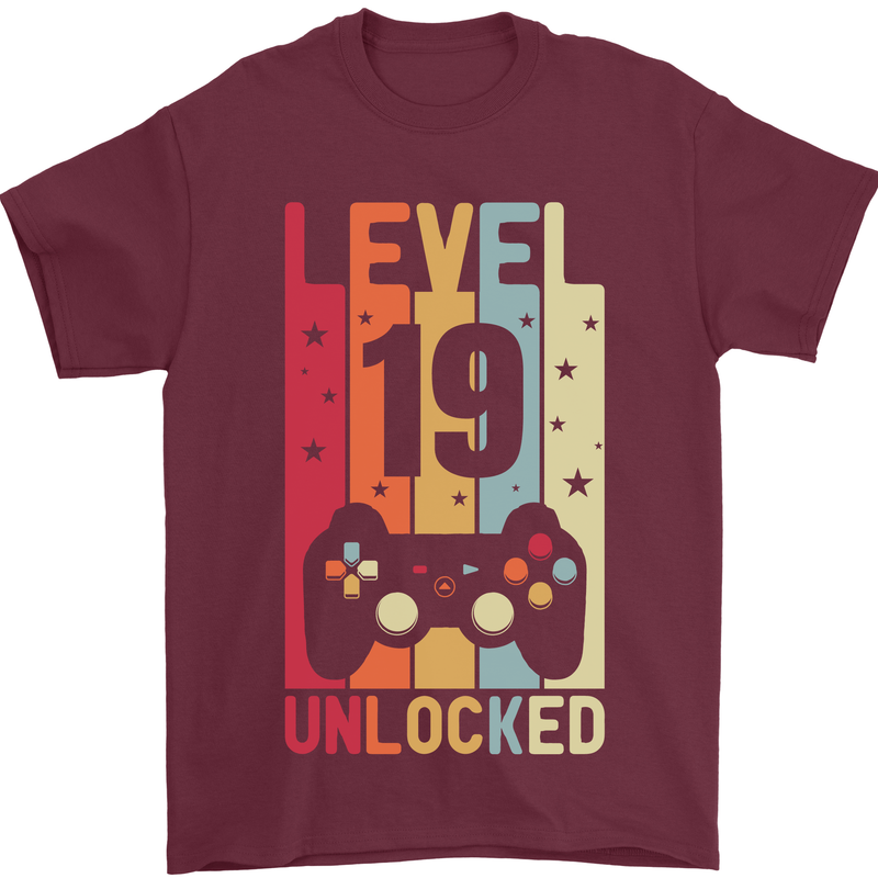 19th Birthday 19 Year Old Level Up Gamming Mens T-Shirt 100% Cotton Maroon