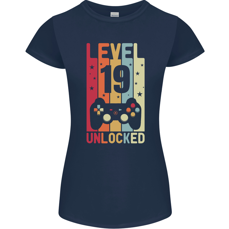 19th Birthday 19 Year Old Level Up Gamming Womens Petite Cut T-Shirt Navy Blue