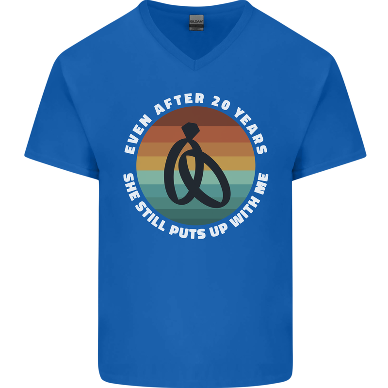 20 Year Wedding Anniversary 20th Marriage Mens V-Neck Cotton T-Shirt Royal Blue
