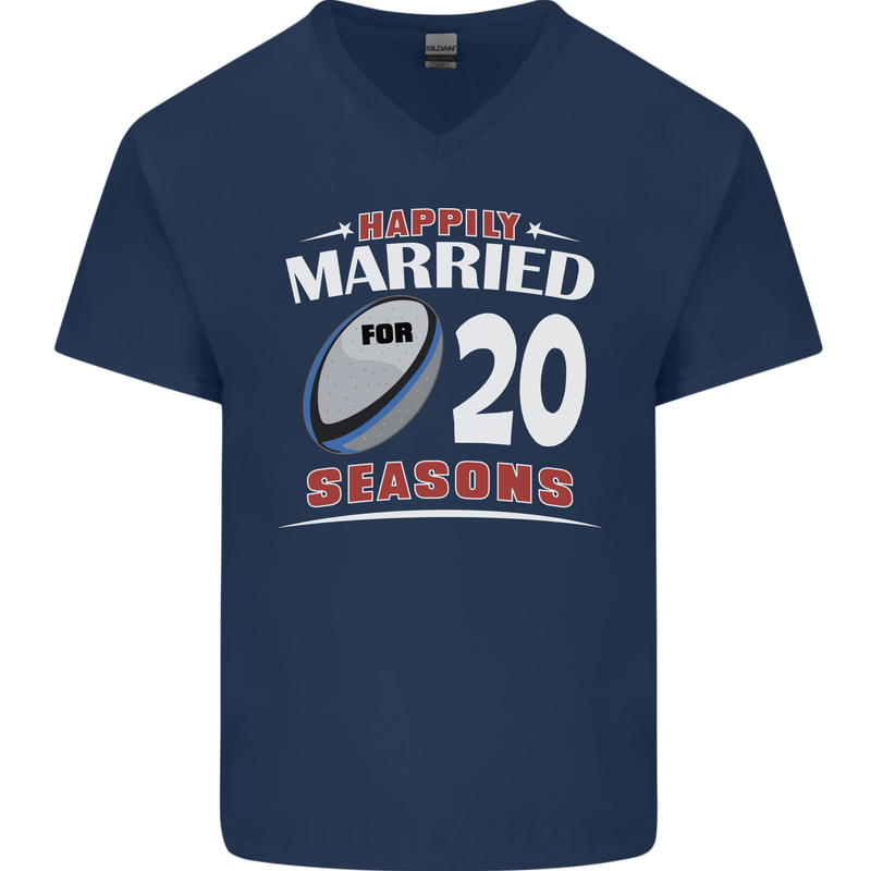 20 Year Wedding Anniversary 20th Rugby Mens V-Neck Cotton T-Shirt Navy Blue