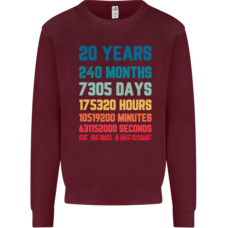 20th Birthday 20 Year Old Mens Sweatshirt Jumper Maroon