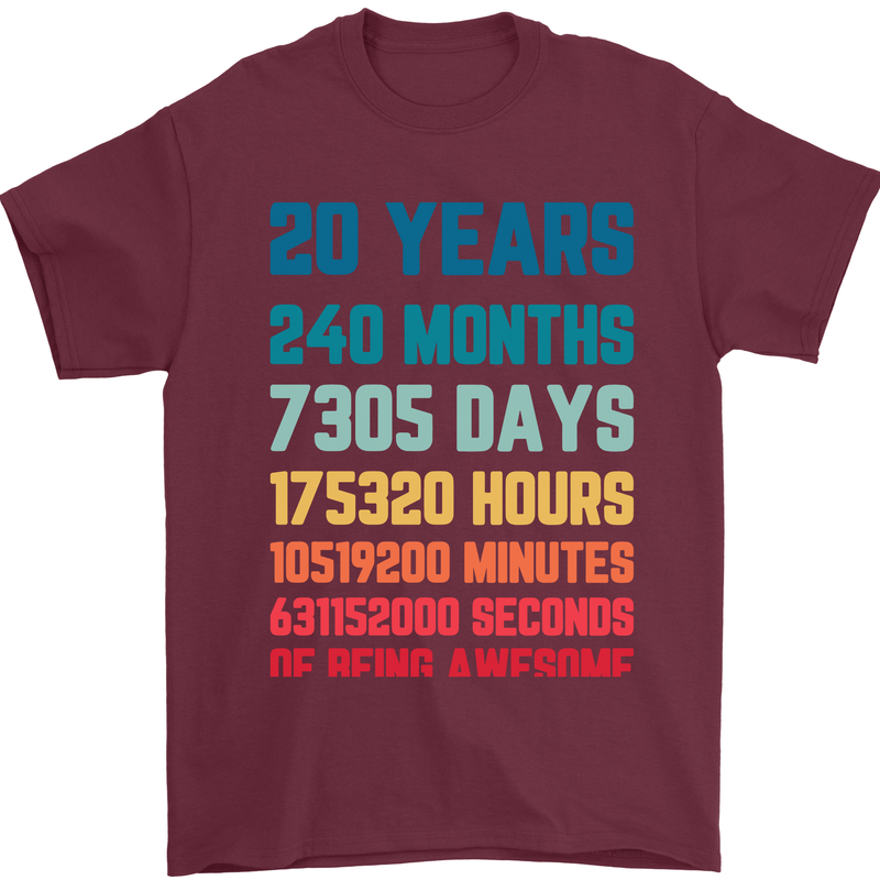 20th Birthday 20 Year Old Mens T-Shirt 100% Cotton Maroon