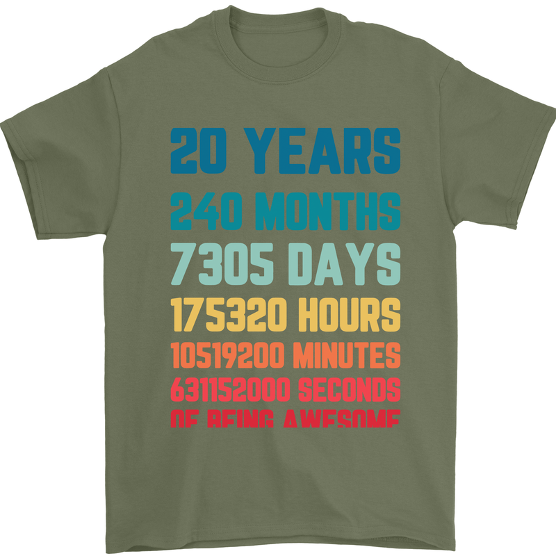20th Birthday 20 Year Old Mens T-Shirt 100% Cotton Military Green