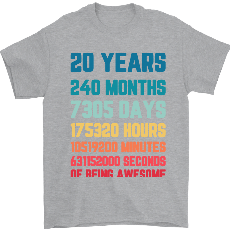 20th Birthday 20 Year Old Mens T-Shirt 100% Cotton Sports Grey