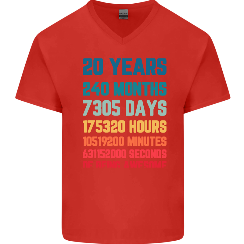 20th Birthday 20 Year Old Mens V-Neck Cotton T-Shirt Red