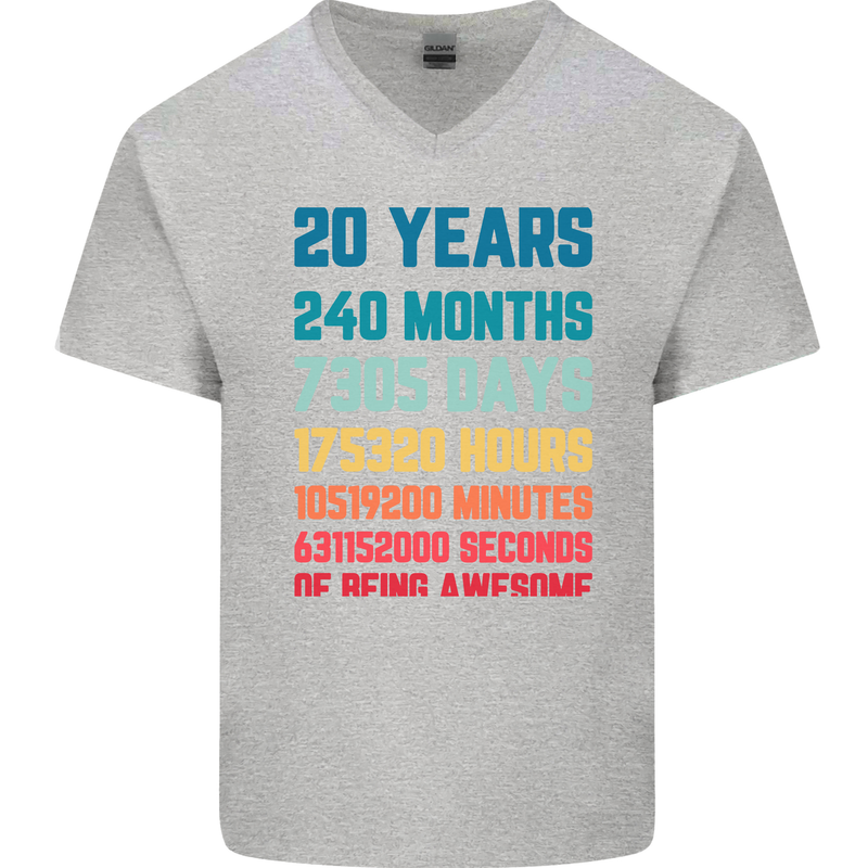 20th Birthday 20 Year Old Mens V-Neck Cotton T-Shirt Sports Grey