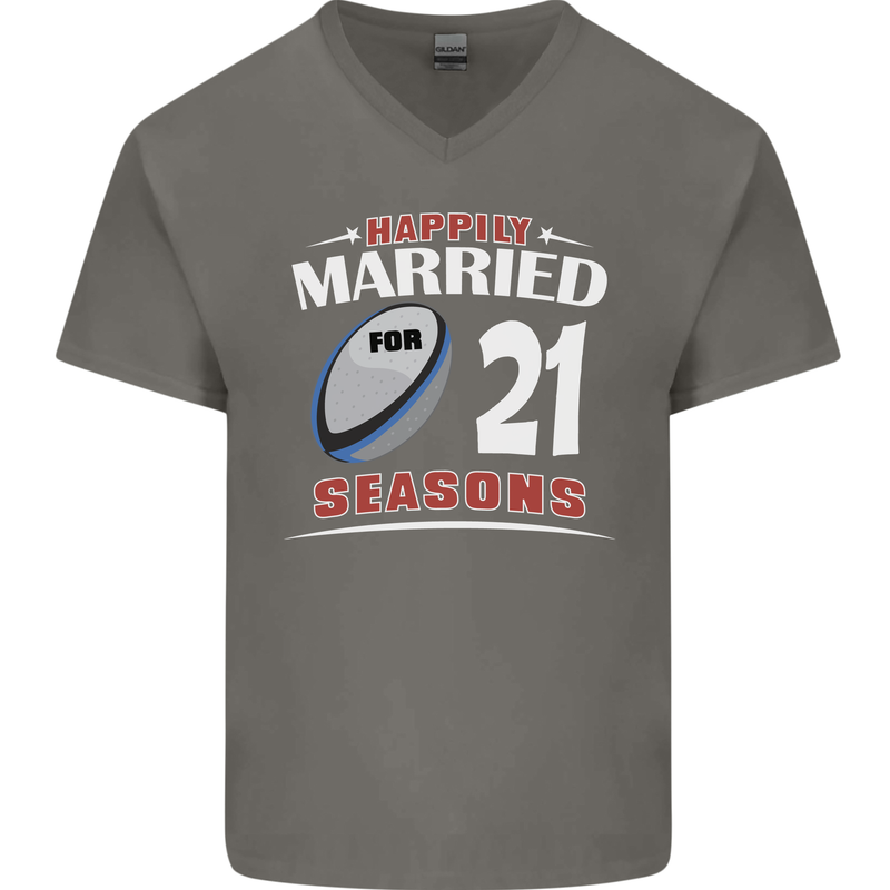 21 Year Wedding Anniversary 21st Rugby Mens V-Neck Cotton T-Shirt Charcoal