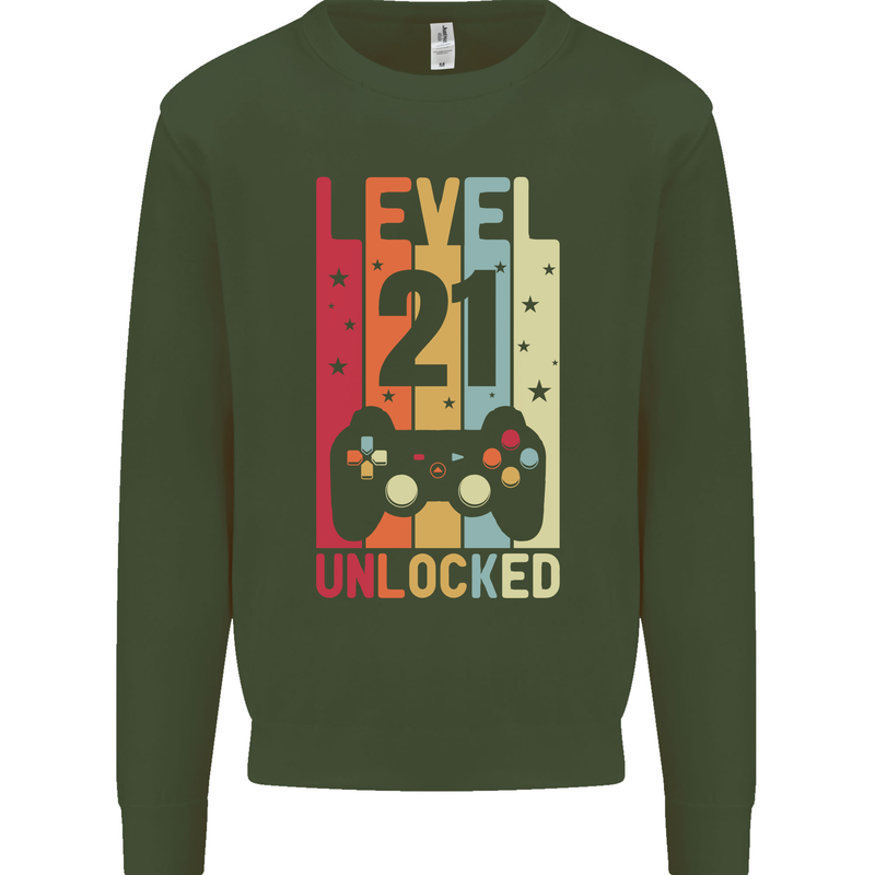 21st Birthday 21 Year Old Level Up Gamming Mens Sweatshirt Jumper Forest Green