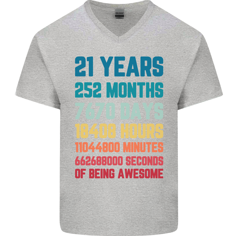 21st Birthday 21 Year Old Mens V-Neck Cotton T-Shirt Sports Grey