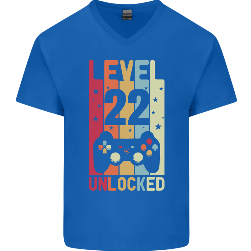 22nd Birthday 22 Year Old Level Up Gamming Mens V-Neck Cotton T-Shirt Royal Blue