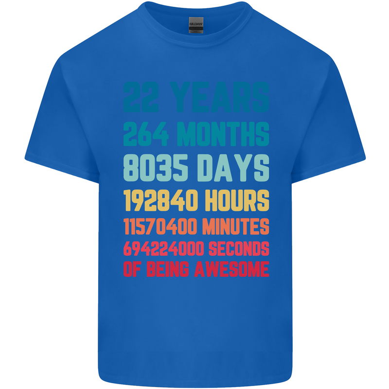 22nd Birthday 22 Year Old Mens Cotton T-Shirt Tee Top Royal Blue