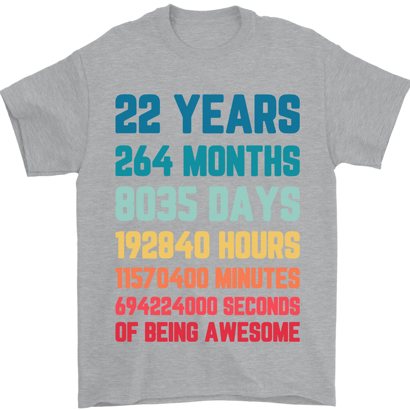 22nd Birthday 22 Year Old Mens T-Shirt 100% Cotton Sports Grey