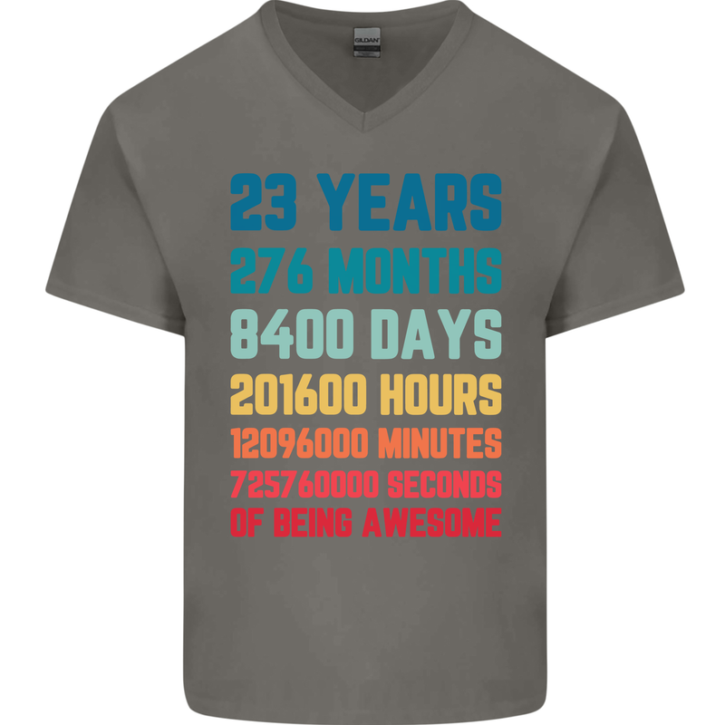 23rd Birthday 23 Year Old Mens V-Neck Cotton T-Shirt Charcoal