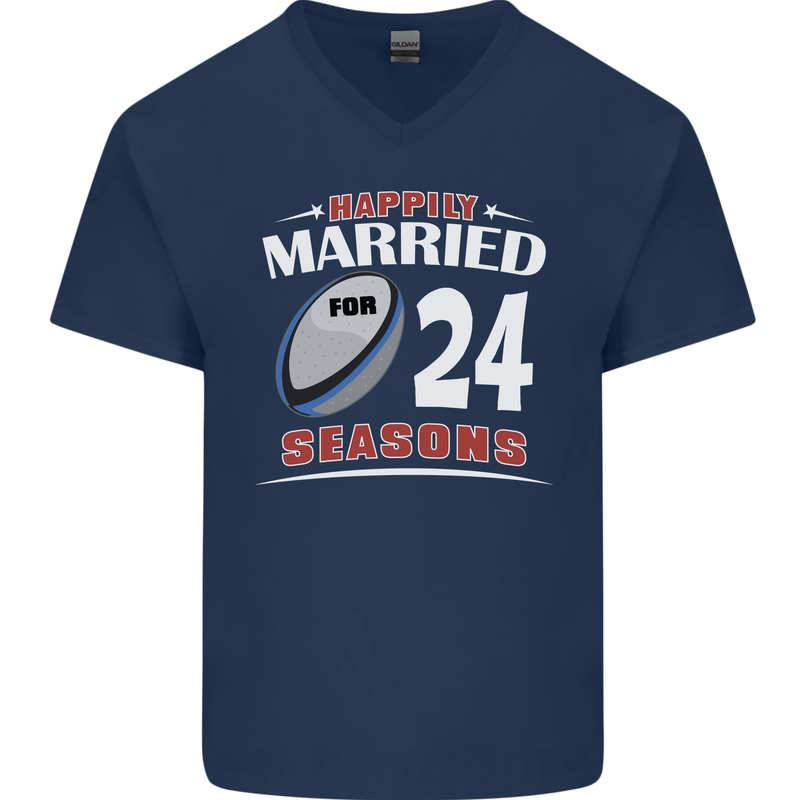 24 Year Wedding Anniversary 24th Rugby Mens V-Neck Cotton T-Shirt Navy Blue