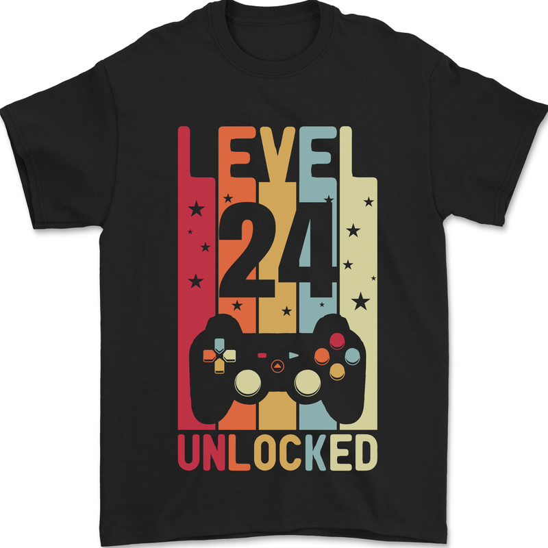 24th Birthday 24 Year Old Level Up Gamming Mens T-Shirt 100% Cotton Black