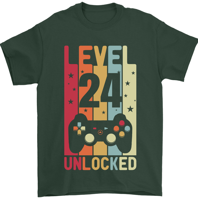 24th Birthday 24 Year Old Level Up Gamming Mens T-Shirt 100% Cotton Forest Green