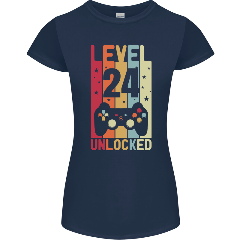 24th Birthday 24 Year Old Level Up Gamming Womens Petite Cut T-Shirt Navy Blue