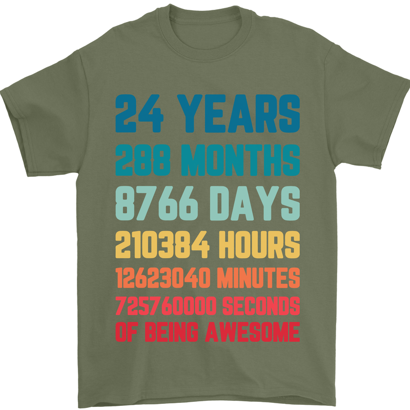 24th Birthday 24 Year Old Mens T-Shirt 100% Cotton Military Green