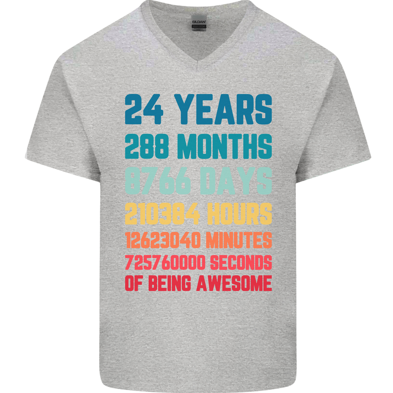 24th Birthday 24 Year Old Mens V-Neck Cotton T-Shirt Sports Grey