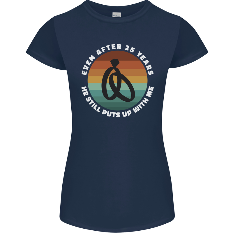 25 Year Wedding Anniversary 25th Marriage Womens Petite Cut T-Shirt Navy Blue