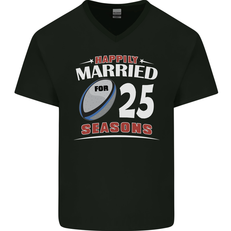 25 Year Wedding Anniversary 25th Rugby Mens V-Neck Cotton T-Shirt Black