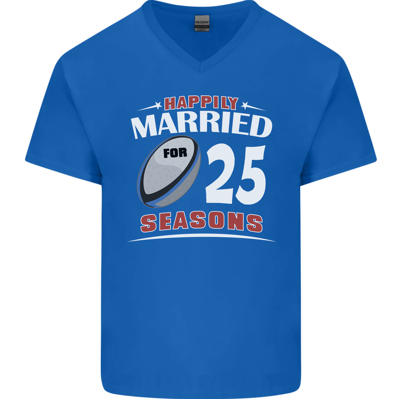 25 Year Wedding Anniversary 25th Rugby Mens V-Neck Cotton T-Shirt Royal Blue
