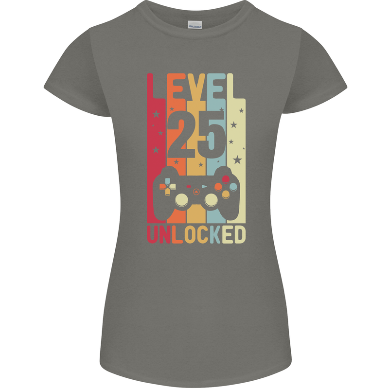 25th Birthday 25 Year Old Level Up Gamming Womens Petite Cut T-Shirt Charcoal