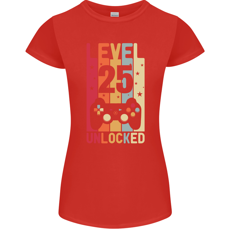 25th Birthday 25 Year Old Level Up Gamming Womens Petite Cut T-Shirt Red