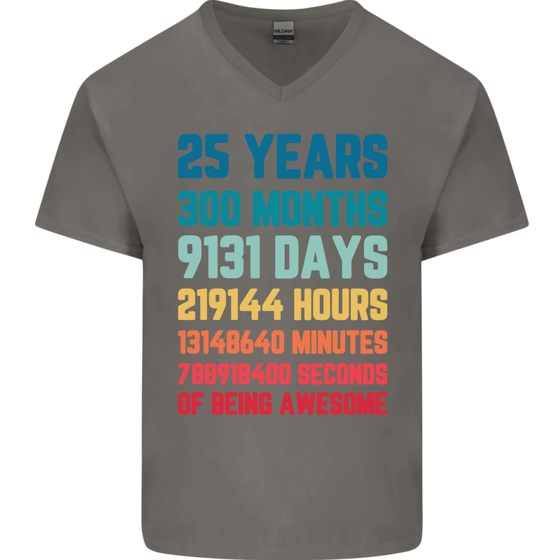 25th Birthday 25 Year Old Mens V-Neck Cotton T-Shirt Charcoal