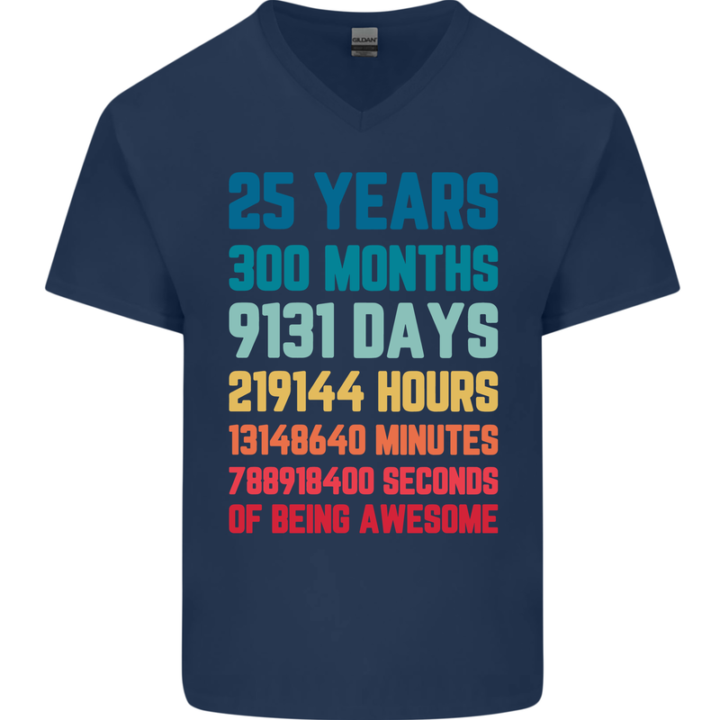 25th Birthday 25 Year Old Mens V-Neck Cotton T-Shirt Navy Blue