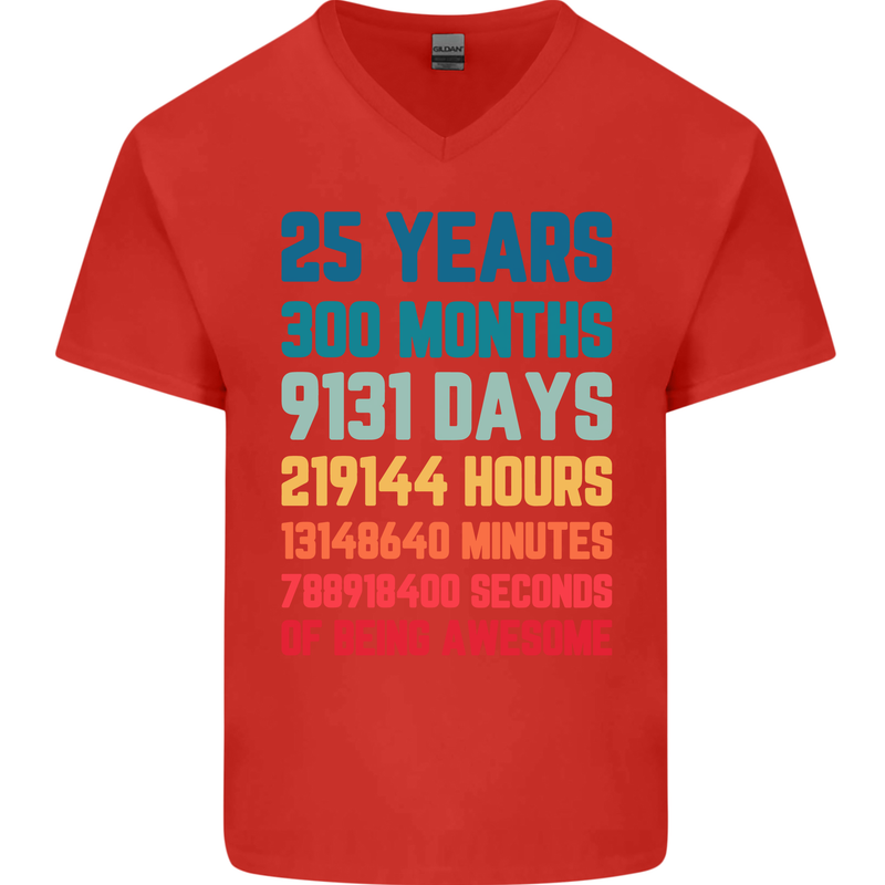 25th Birthday 25 Year Old Mens V-Neck Cotton T-Shirt Red