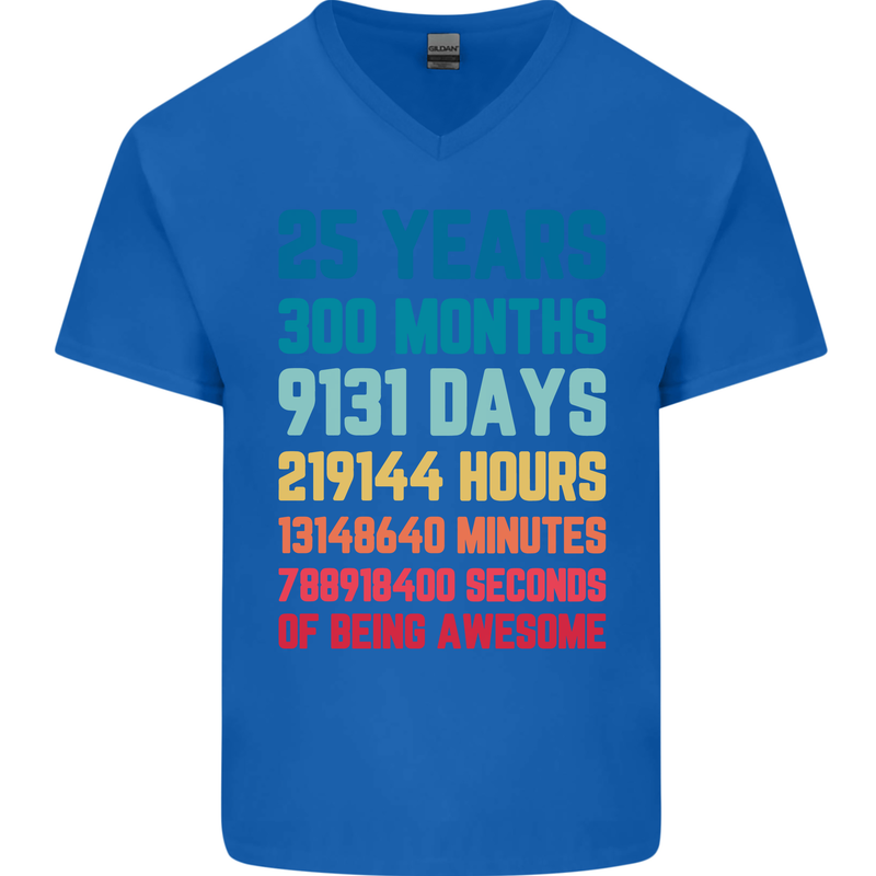 25th Birthday 25 Year Old Mens V-Neck Cotton T-Shirt Royal Blue