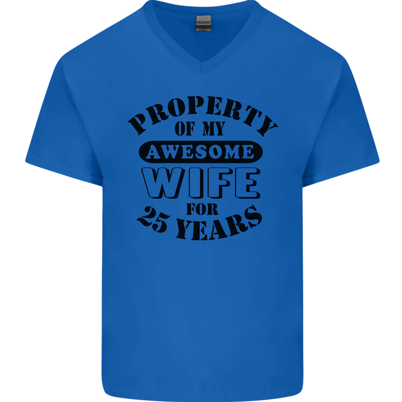 25th Wedding Anniversary 25 Year Funny Wife Mens V-Neck Cotton T-Shirt Royal Blue