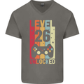 26th Birthday 26 Year Old Level Up Gamming Mens V-Neck Cotton T-Shirt Charcoal