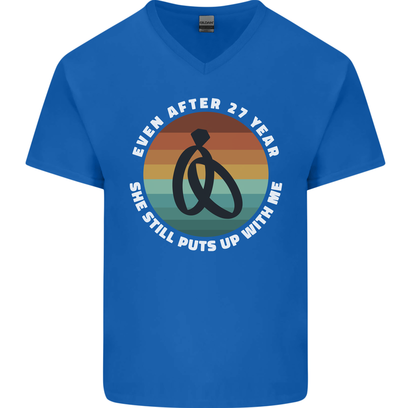27 Year Wedding Anniversary 27th Marriage Mens V-Neck Cotton T-Shirt Royal Blue