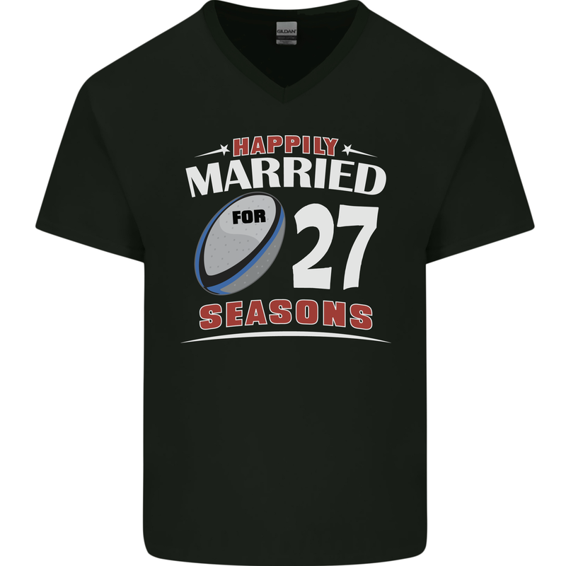 27 Year Wedding Anniversary 27th Rugby Mens V-Neck Cotton T-Shirt Black