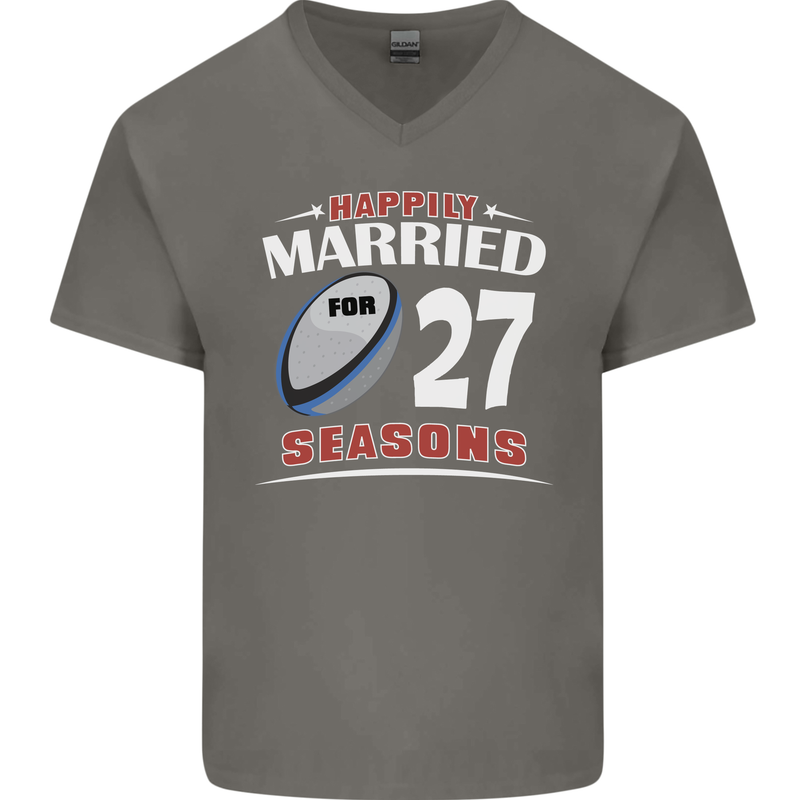 27 Year Wedding Anniversary 27th Rugby Mens V-Neck Cotton T-Shirt Charcoal