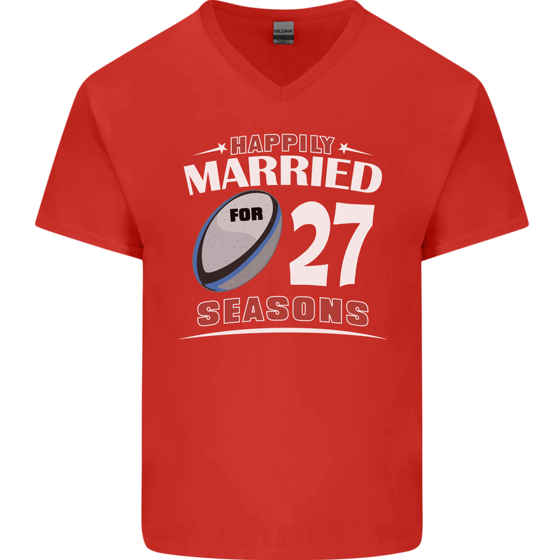 27 Year Wedding Anniversary 27th Rugby Mens V-Neck Cotton T-Shirt Red