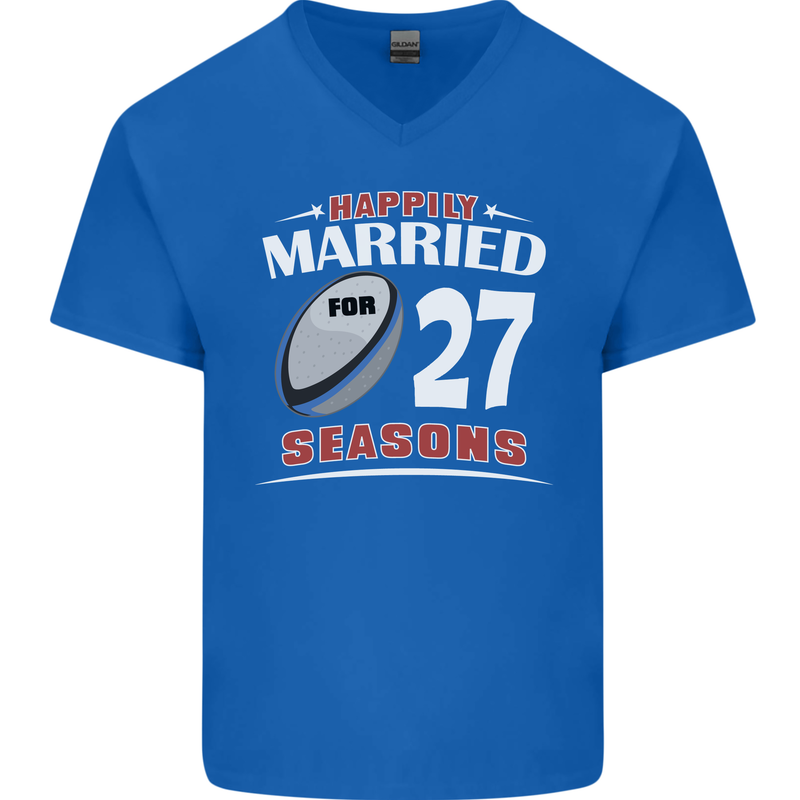 27 Year Wedding Anniversary 27th Rugby Mens V-Neck Cotton T-Shirt Royal Blue