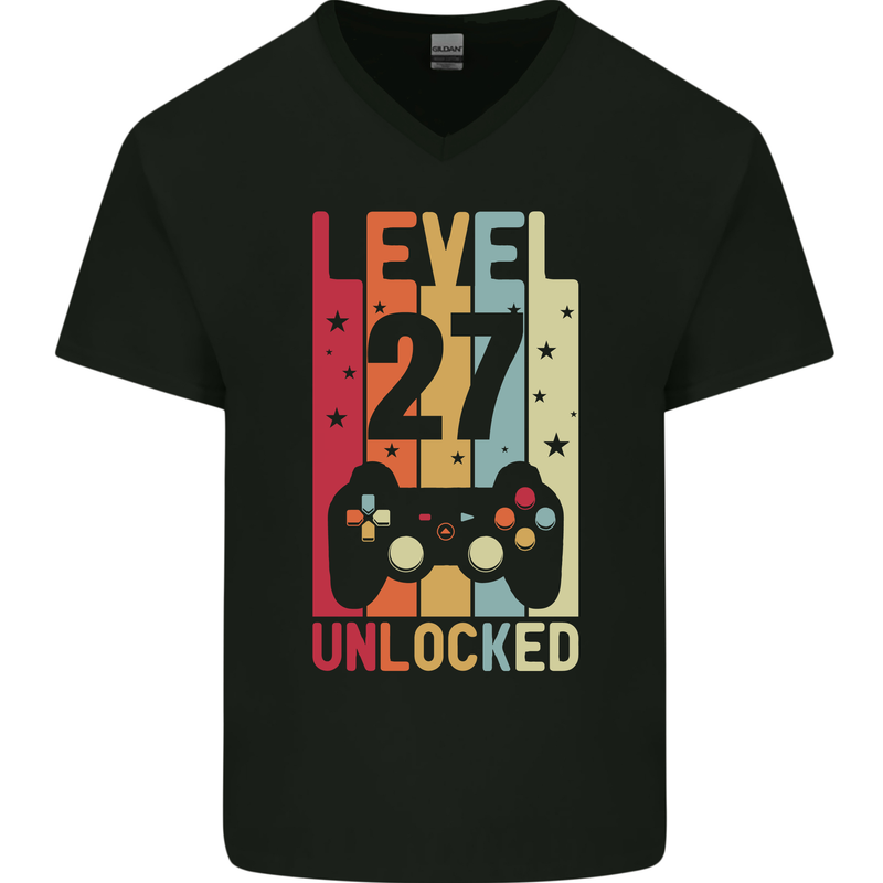 27th Birthday 27 Year Old Level Up Gamming Mens V-Neck Cotton T-Shirt Black
