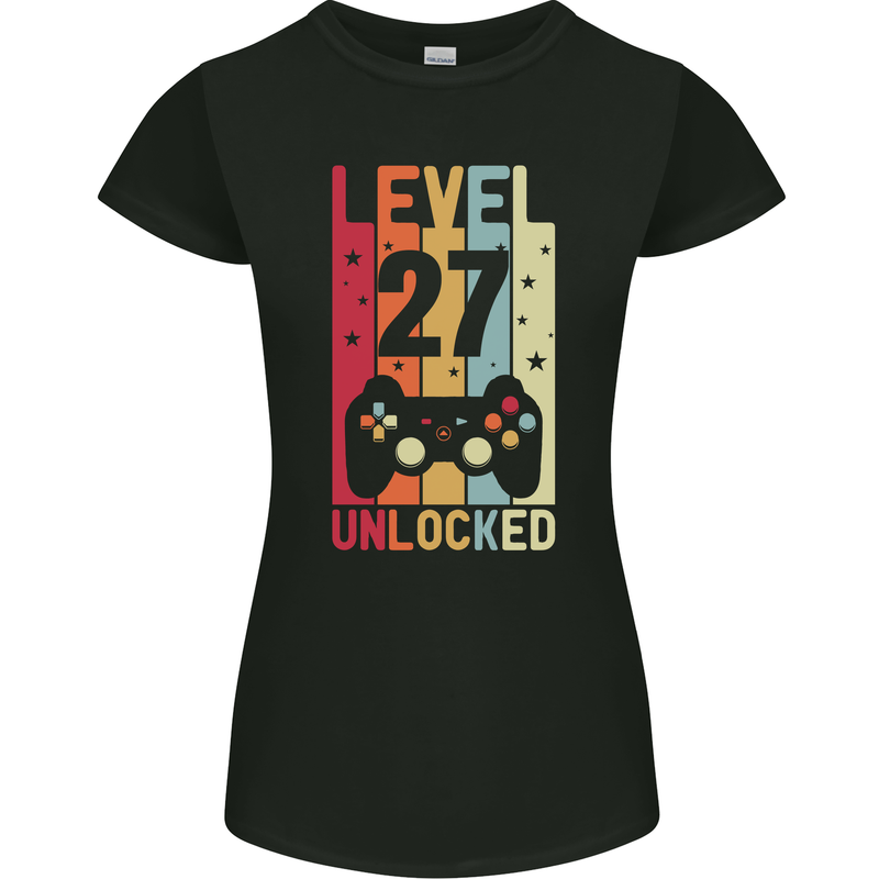 27th Birthday 27 Year Old Level Up Gamming Womens Petite Cut T-Shirt Black