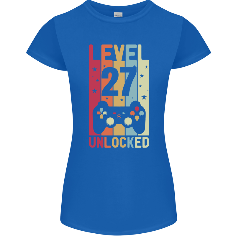 27th Birthday 27 Year Old Level Up Gamming Womens Petite Cut T-Shirt Royal Blue