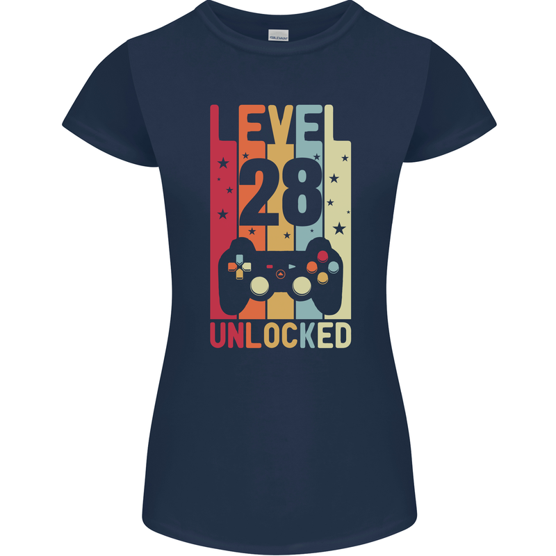 28th Birthday 28 Year Old Level Up Gamming Womens Petite Cut T-Shirt Navy Blue