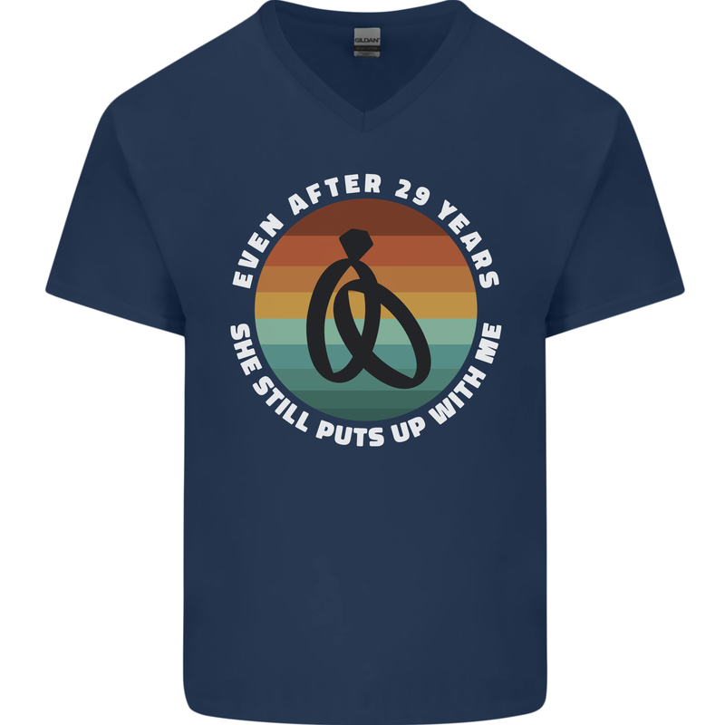 29 Year Wedding Anniversary 29th Marriage Mens V-Neck Cotton T-Shirt Navy Blue