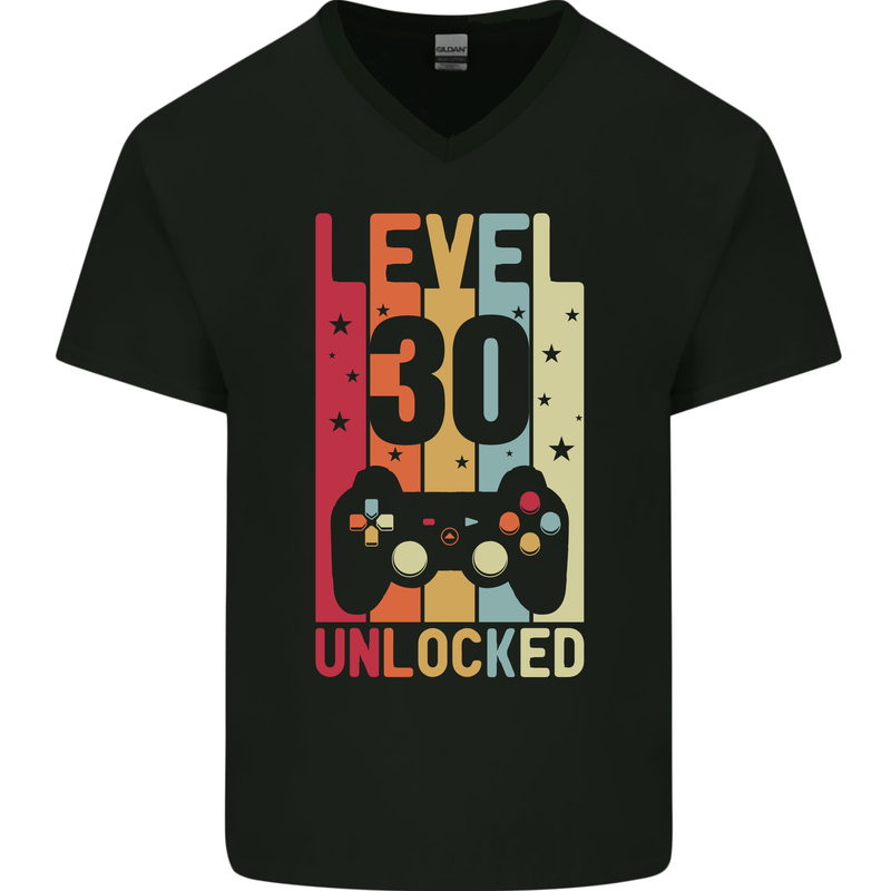 30th Birthday 30 Year Old Level Up Gamming Mens V-Neck Cotton T-Shirt Black