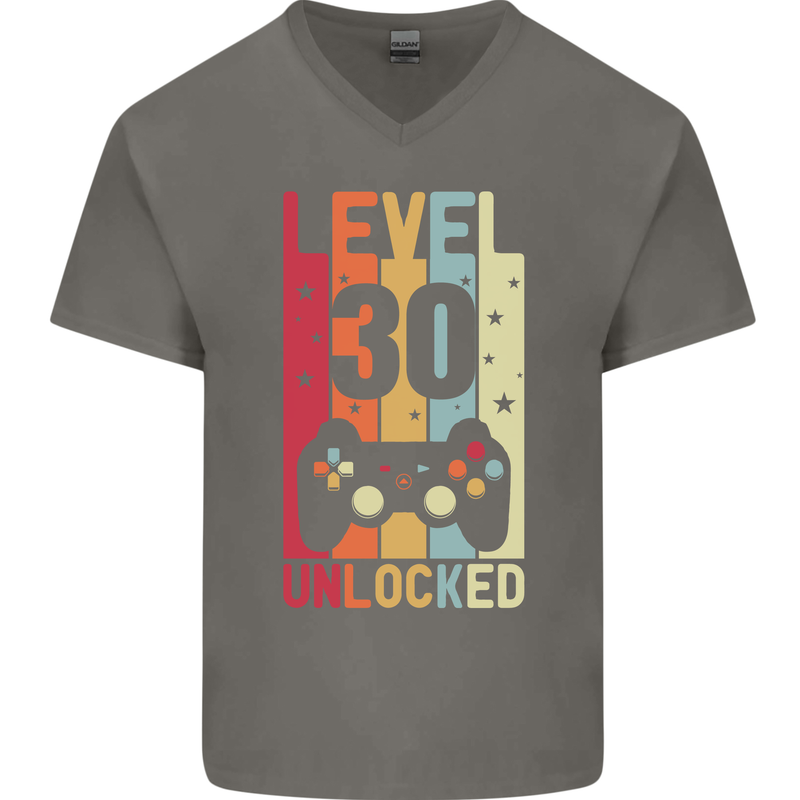30th Birthday 30 Year Old Level Up Gamming Mens V-Neck Cotton T-Shirt Charcoal