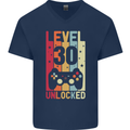 30th Birthday 30 Year Old Level Up Gamming Mens V-Neck Cotton T-Shirt Navy Blue
