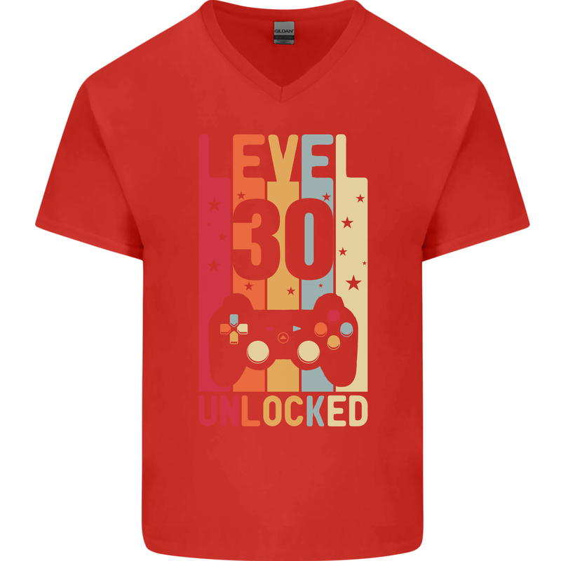 30th Birthday 30 Year Old Level Up Gamming Mens V-Neck Cotton T-Shirt Red